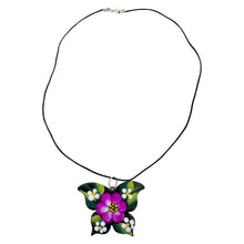 Load image into Gallery viewer, Oaxacan Black Clay hand-sculpted butterfly-shaped necklace with painted floral details in purple