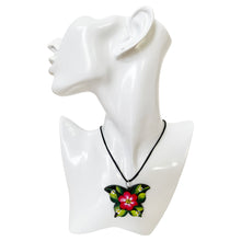 Load image into Gallery viewer, Oaxacan Black Clay hand-sculpted butterfly-shaped necklace with painted floral details in red