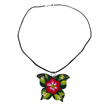 Load image into Gallery viewer, Oaxacan Black Clay hand-sculpted butterfly-shaped necklace with painted floral details in red