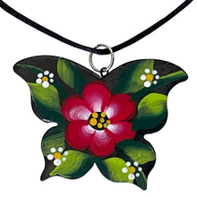 Load image into Gallery viewer, Oaxacan Black Clay hand-sculpted butterfly-shaped necklace with painted floral details in red