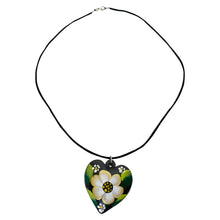 Load image into Gallery viewer, Oaxacan Black Clay hand-sculpted heart-shaped necklace with painted floral details
