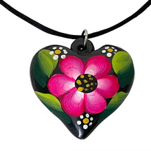 Load image into Gallery viewer, Oaxacan Black Clay hand-sculpted heart-shaped necklace with painted floral details in magenta