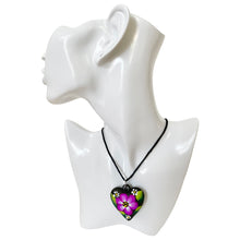 Load image into Gallery viewer, Oaxacan Black Clay hand-sculpted heart-shaped necklace with painted floral details in purple