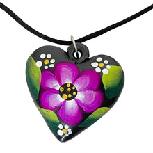 Load image into Gallery viewer, Oaxacan Black Clay hand-sculpted heart-shaped necklace with painted floral details in purple