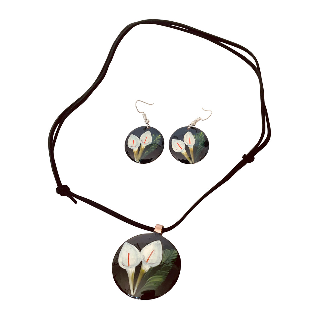 Black Flower & Leaf Copper Necklace & Earring Set