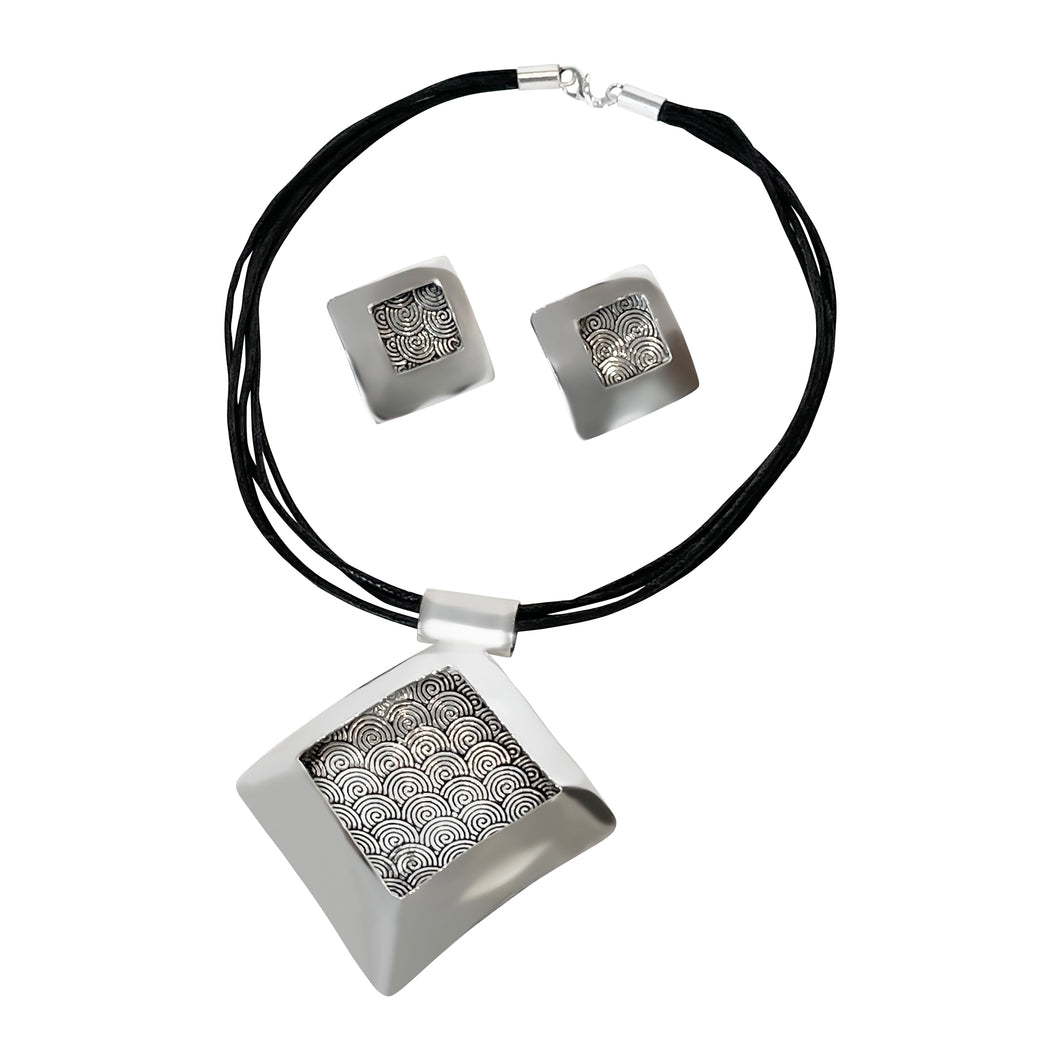 925 Sterling Silver Coated Black Long Rhombus Necklace & Earring Set