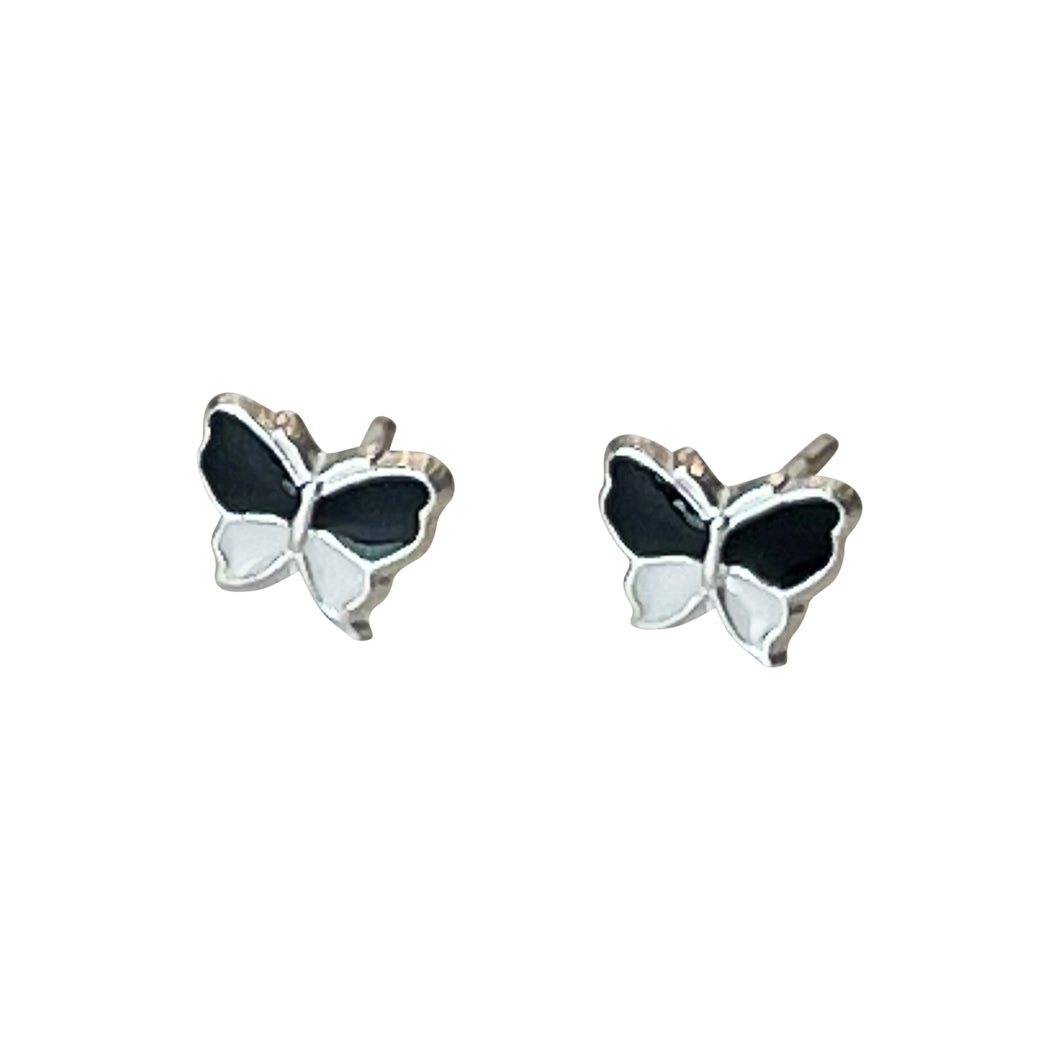 925 Sterling Silver Black & White Butterfly Stud Earrings