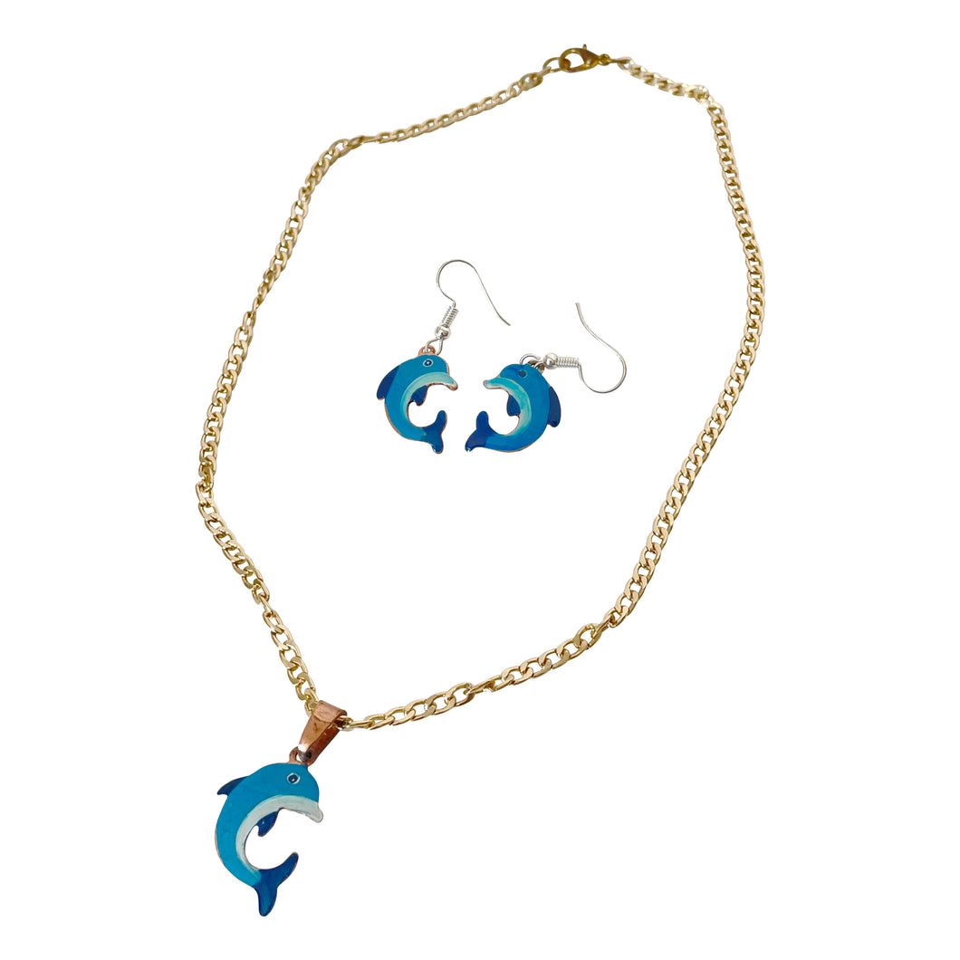 Blue Dolphin Copper Necklace & Earring Set