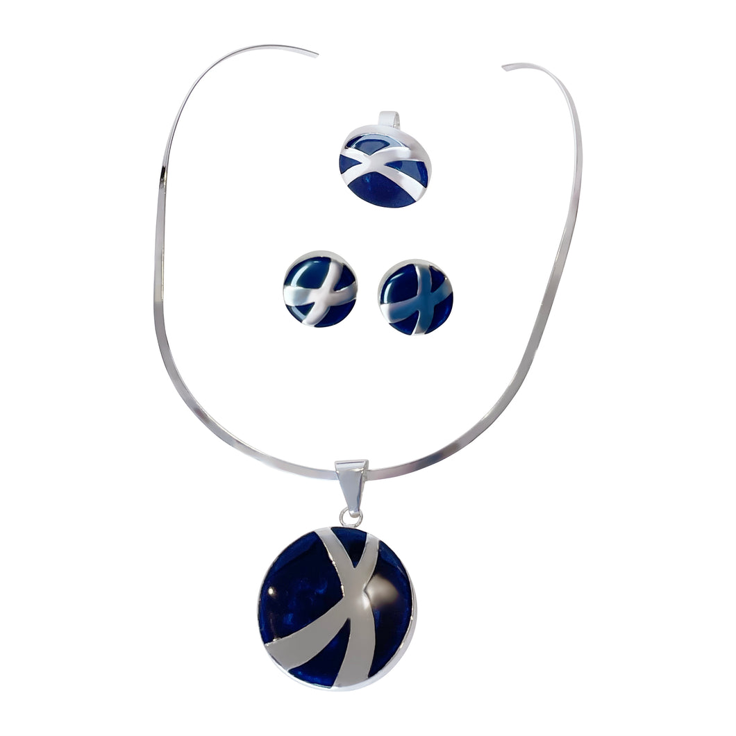 925 Sterling Silver Blue Round Pendant Jewelry Set