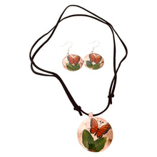 Load image into Gallery viewer, Butterfly on Leaf Copper Necklace &amp; Earring Set
