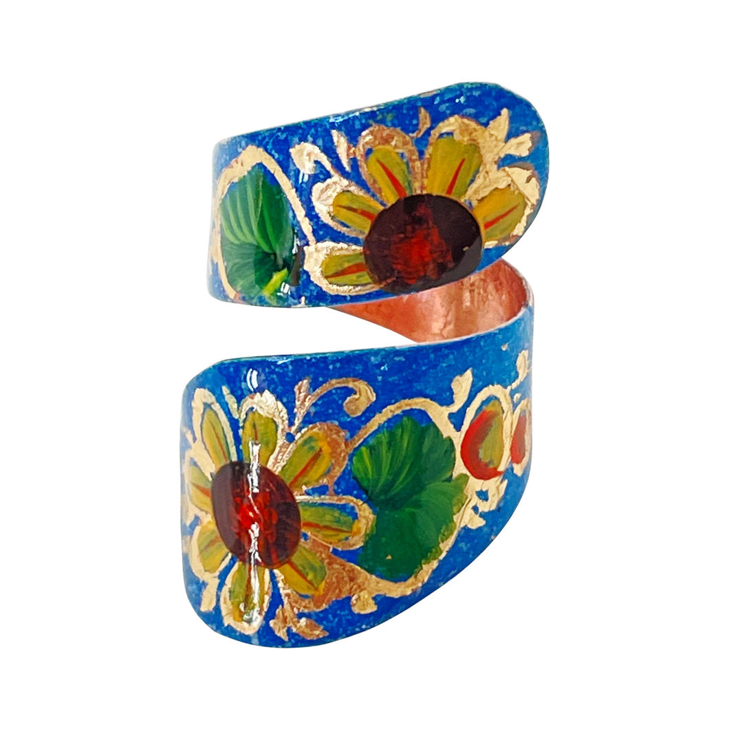 Mexican Double Layered Blue Floral Leaf Copper Ring