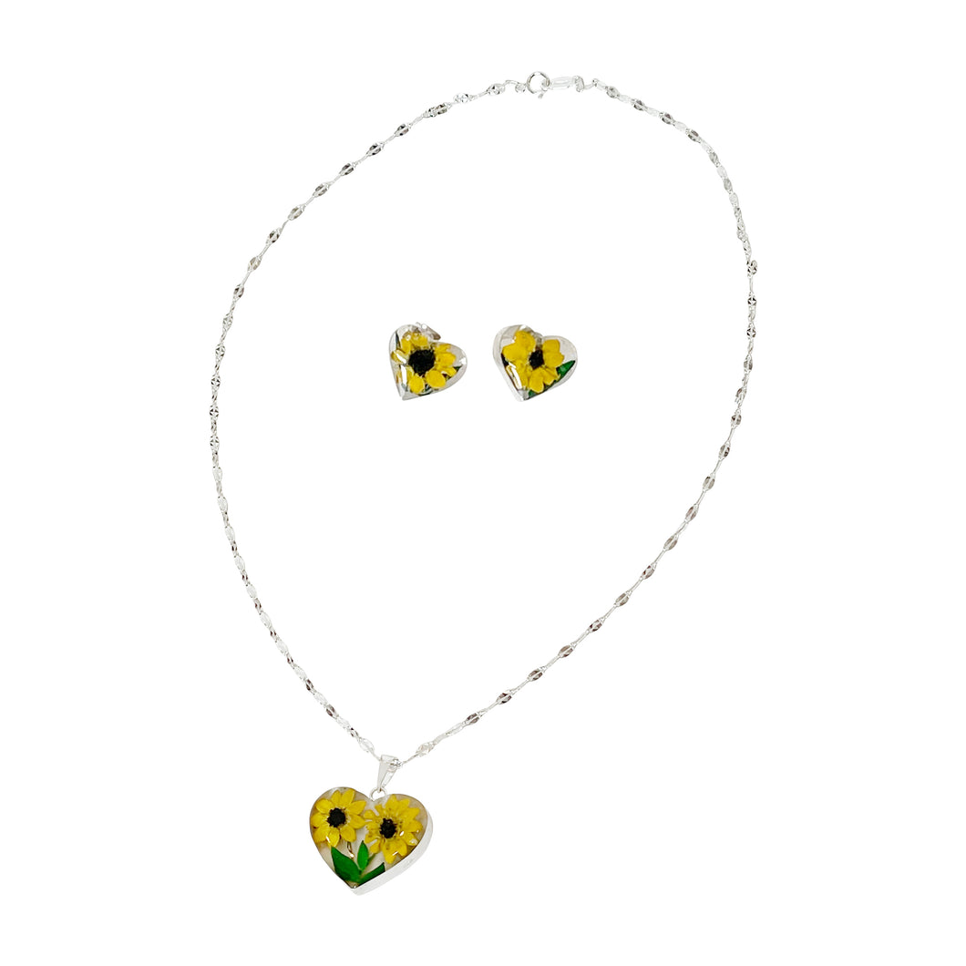 925 Mexican Sterling Silver Floral Heart-shaped Necklace & Earring Set