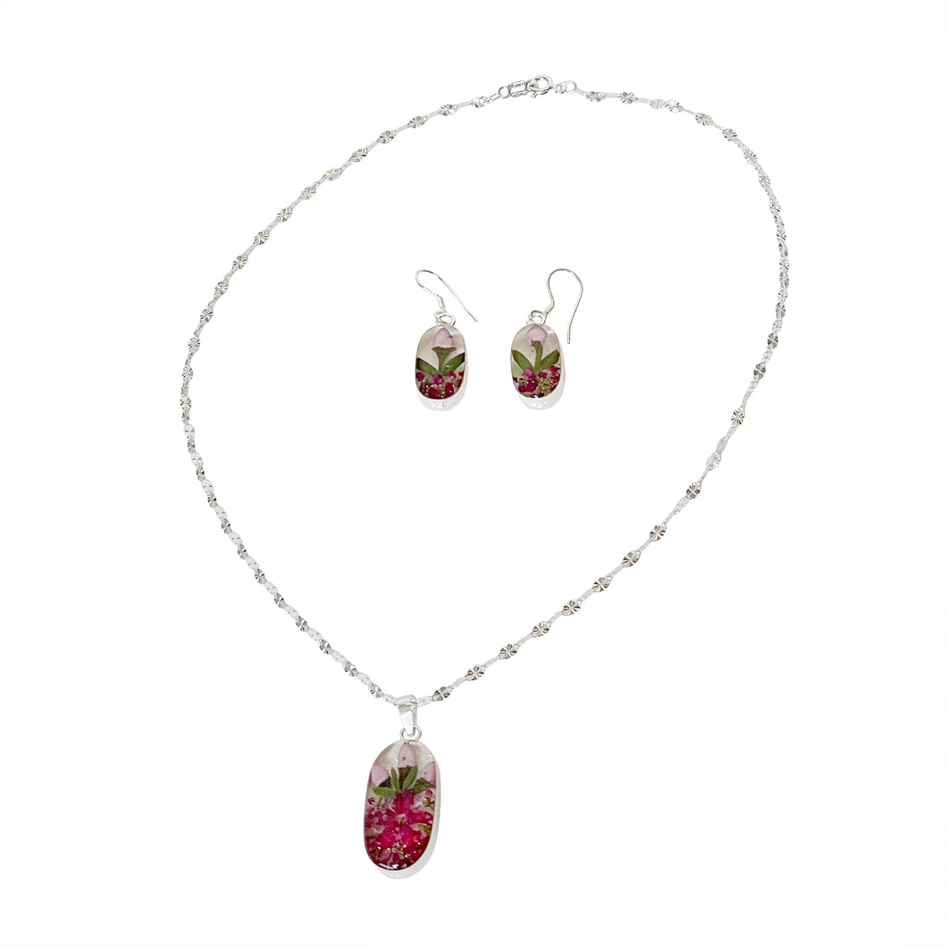 925 Mexican Sterling Silver Floral Oval-shaped Necklace & Earring Set