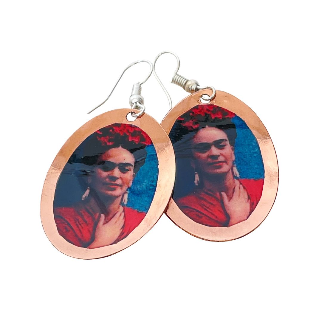 Mexican Frida Kahlo Photo Painted Copper Earrings