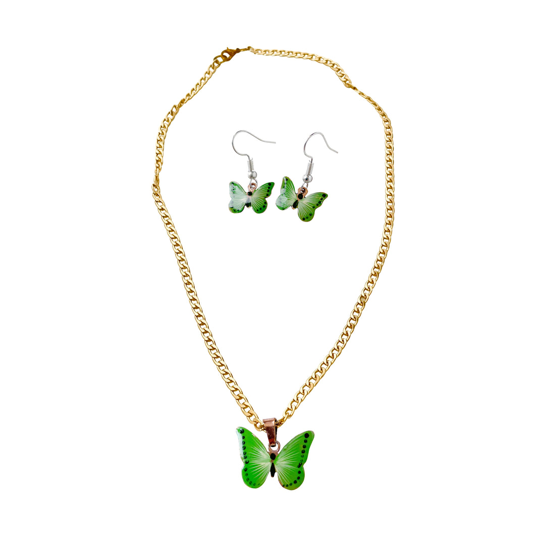 Green Butterfly Copper Necklace Earring Set