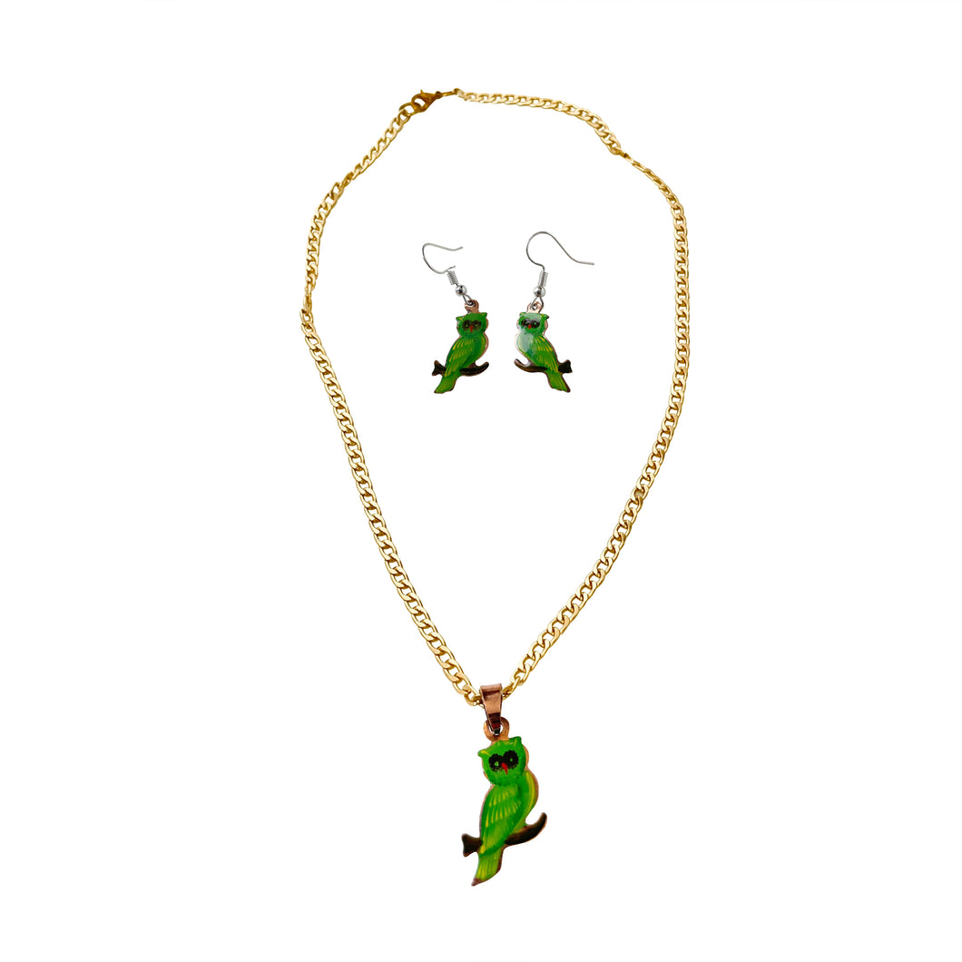 Green Owl Copper Necklace & Earring Set