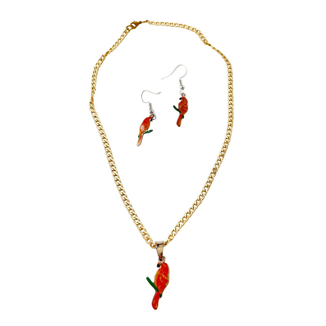 Orange Parrot Copper Necklace & Hook Earring Set