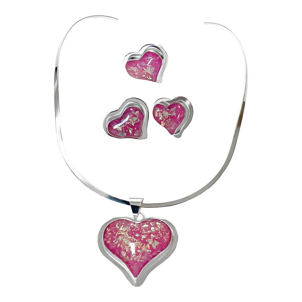 925 Sterling Silver Pink Heart Pendant Jewelry Set