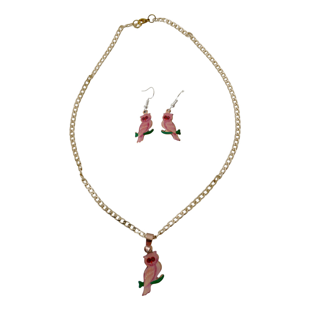 Pink Owl Copper Necklace & Earring Set