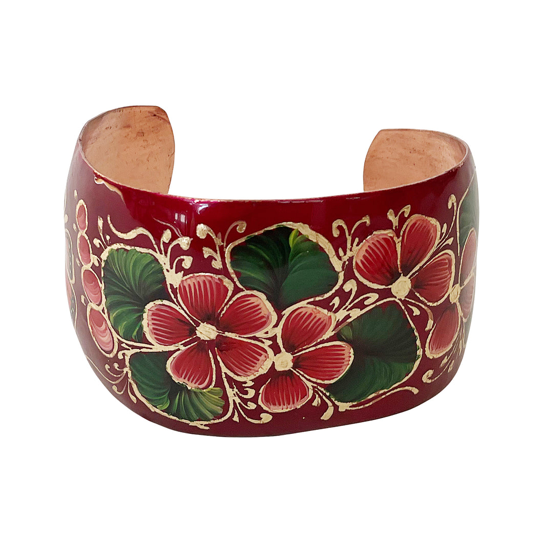 Mexican Red Floral Copper Adjustable Bangle Bracelet