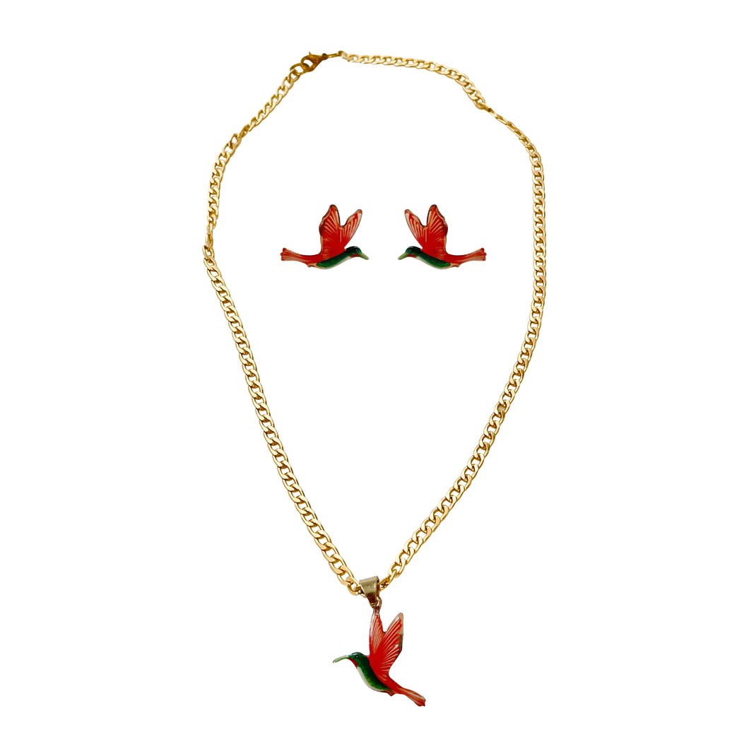 Red Flying Bird Copper Necklace Earring Set