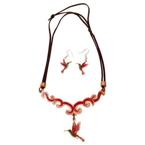 Red Green Flying Bird Copper Necklace & Earring Set