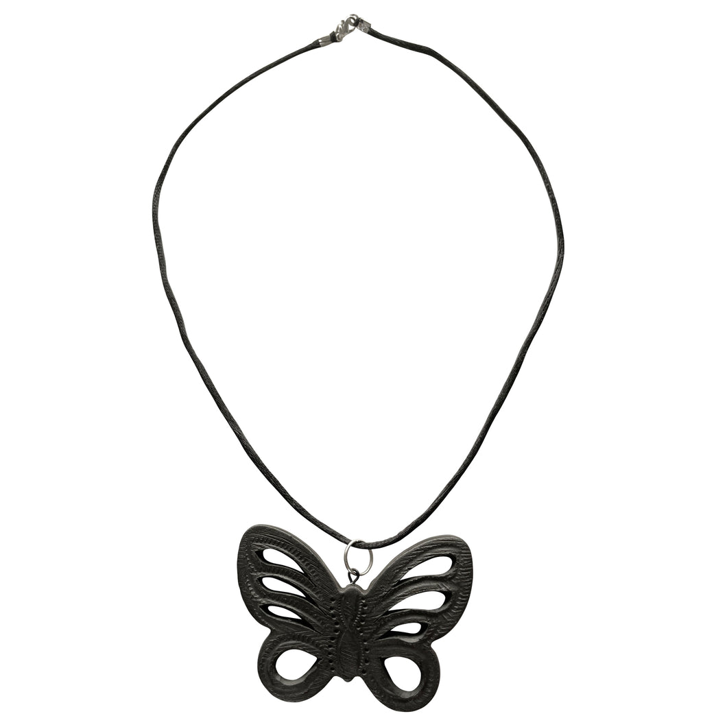 Oaxacan Black Clay hand-sculpted butterfly-shaped necklace