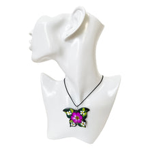 Load image into Gallery viewer, Oaxacan Black Clay hand-sculpted butterfly-shaped necklace with painted floral details in purple
