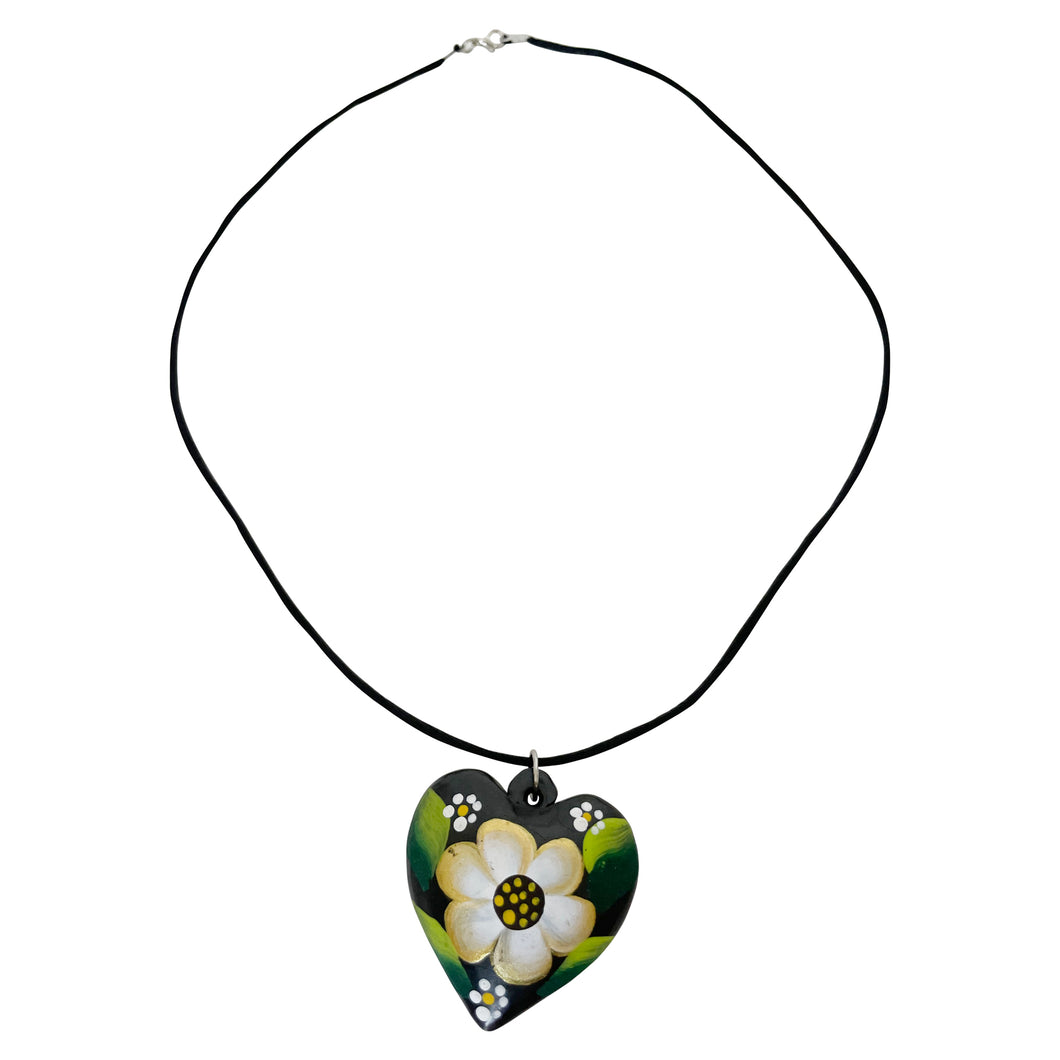 Oaxacan Black Clay hand-sculpted heart-shaped necklace with painted floral details