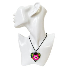 Load image into Gallery viewer, Oaxacan Black Clay hand-sculpted heart-shaped necklace with painted floral details in magenta

