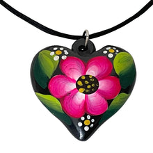 Load image into Gallery viewer, Oaxacan Black Clay hand-sculpted heart-shaped necklace with painted floral details in magenta
