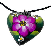 Load image into Gallery viewer, Oaxacan Black Clay hand-sculpted heart-shaped necklace with painted floral details in purple
