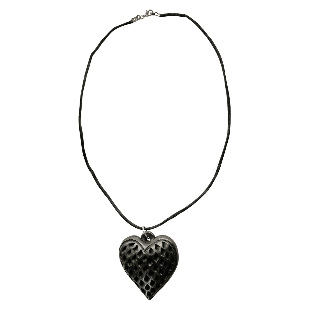 Oaxacan Black Clay hand-sculpted heart-shaped necklace with rain drop details