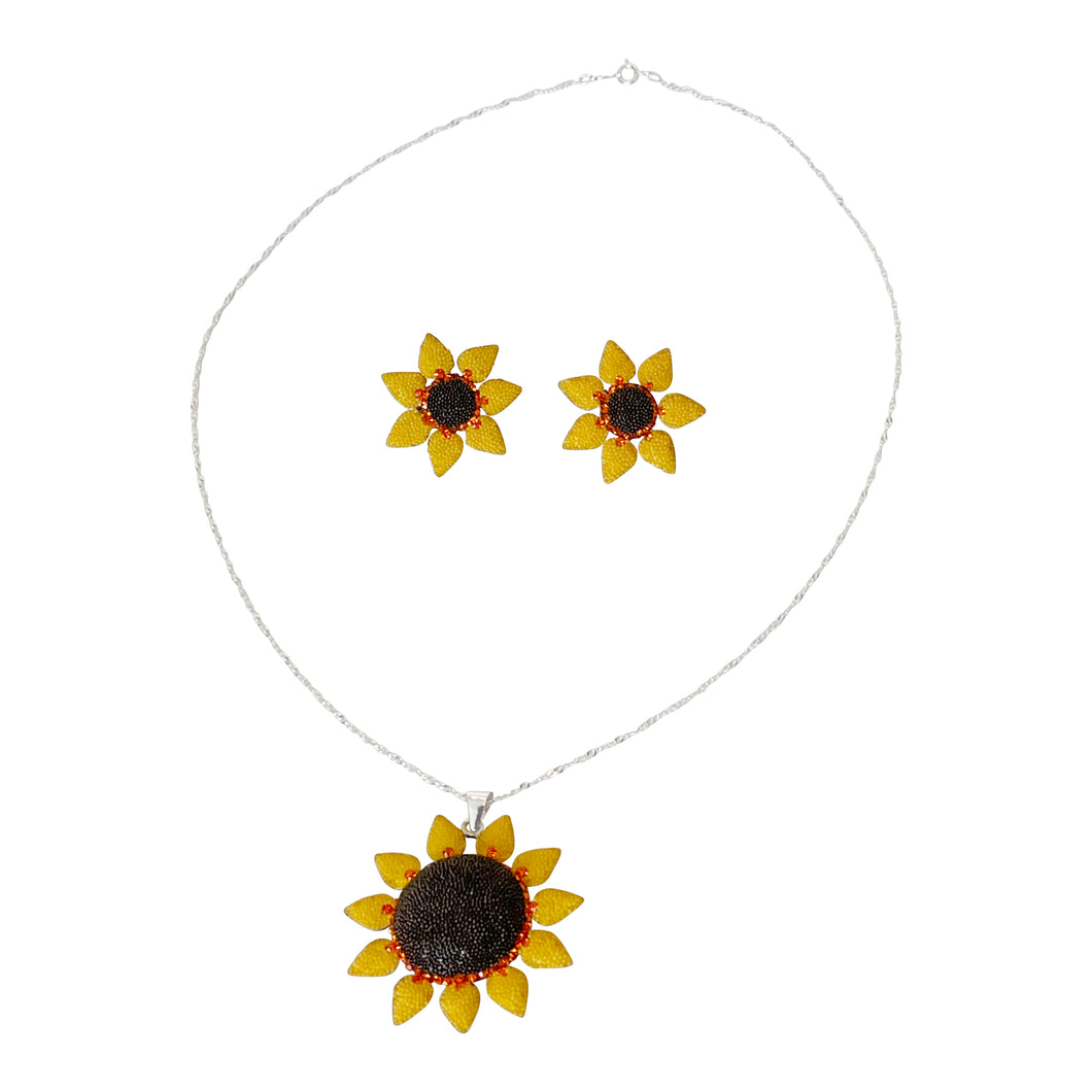 925 Mexican Sterling Silver Fine Crystal Sunflower Necklace & Earring Set