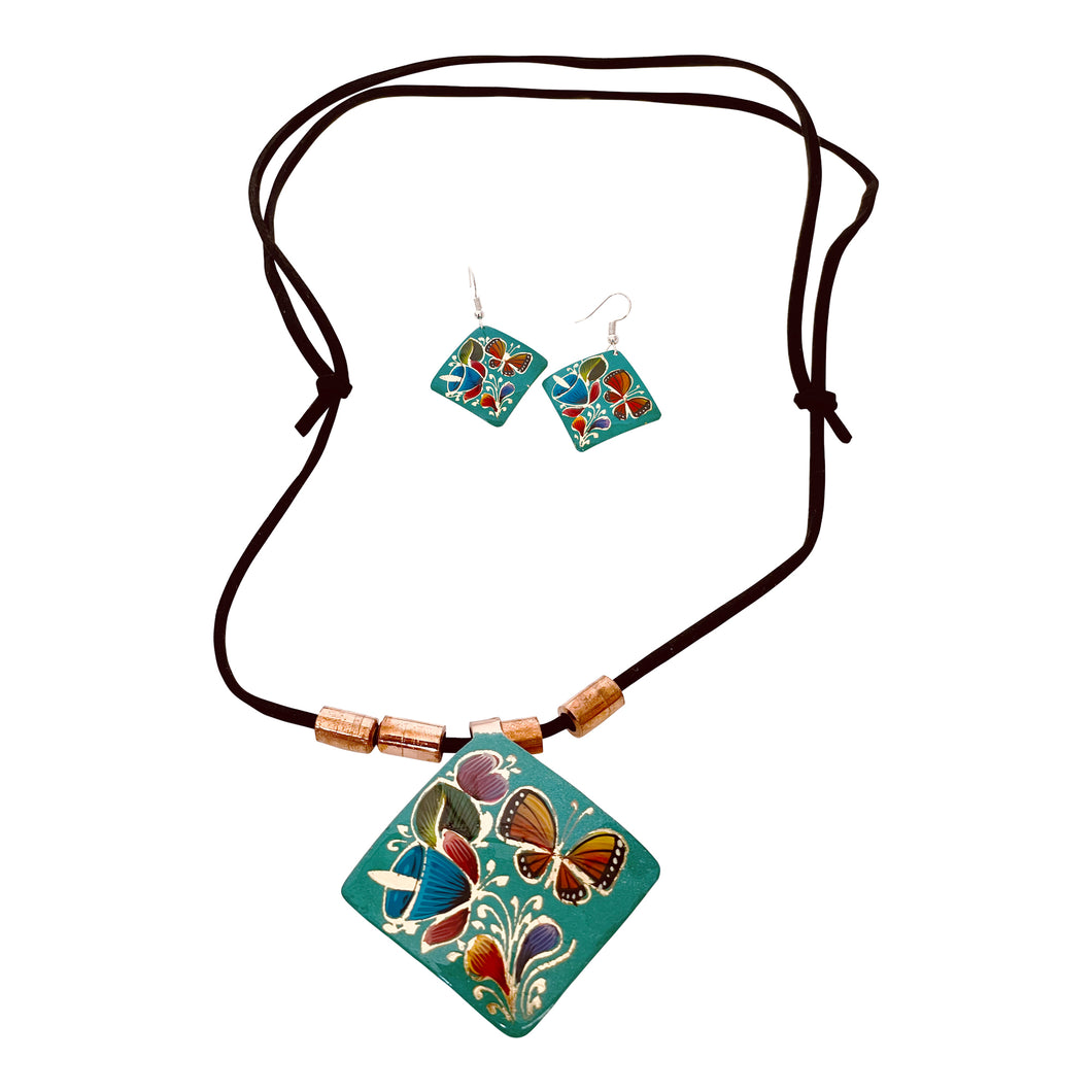 Turquoise Butterfly & Lamp Copper Necklace & Earring Set