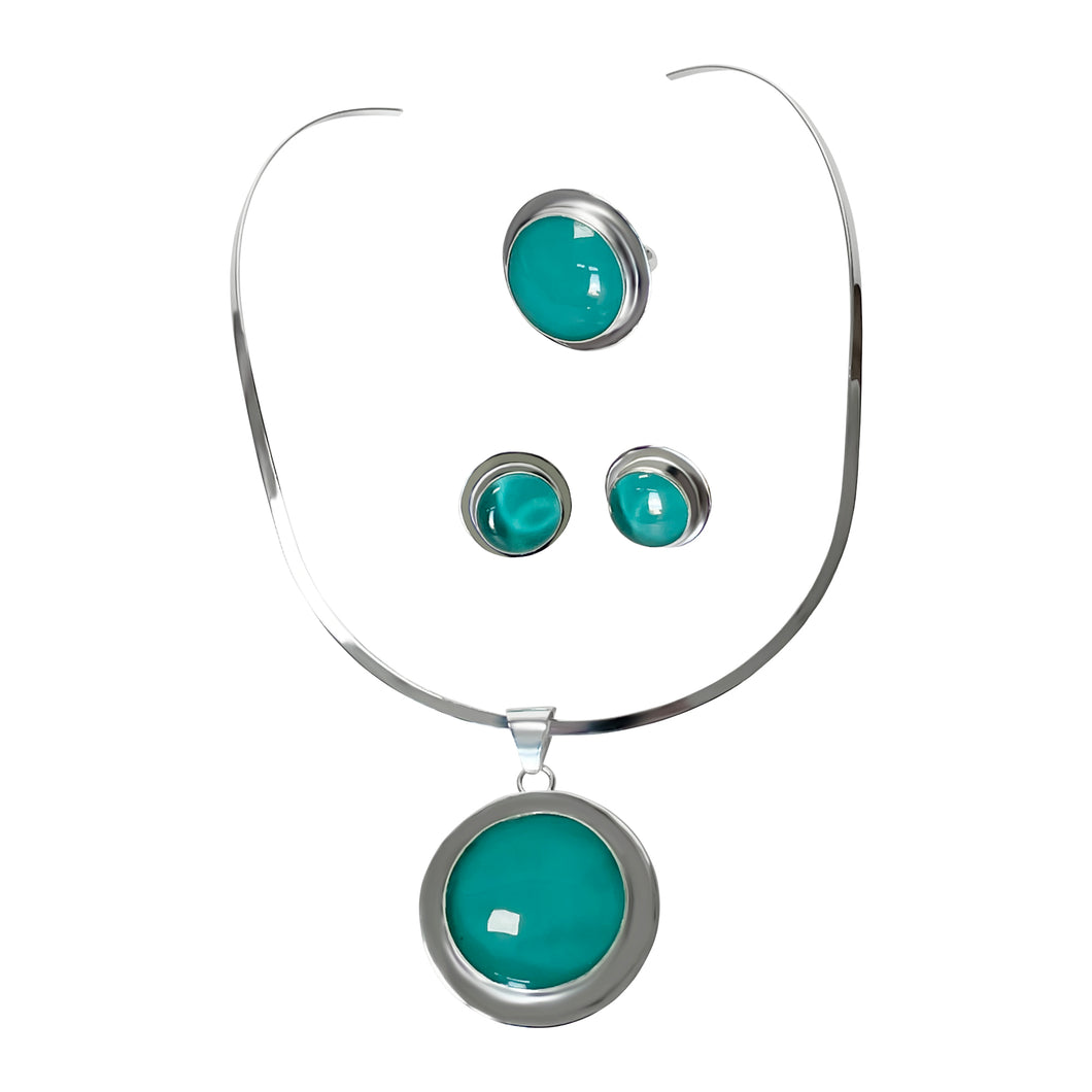 925 Sterling Silver Turquoise Round Pendant Jewelry Set