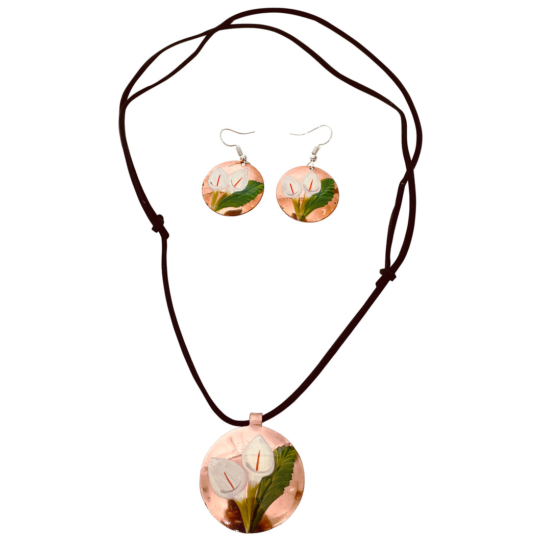 White Flower & Leaf Copper Necklace & Earring Set