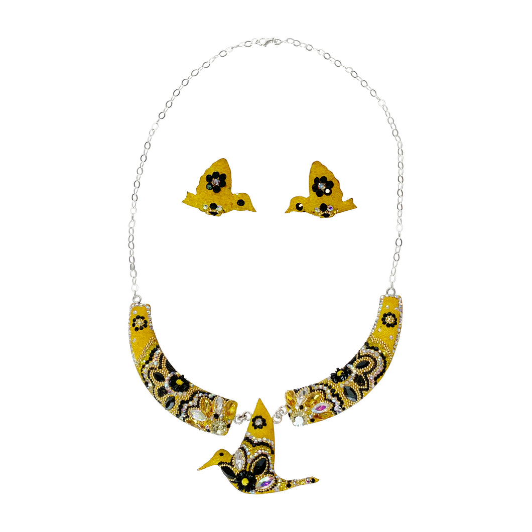 925 Mexican Sterling Silver Fine Crystal Yellow Bird Necklace & Earring Set